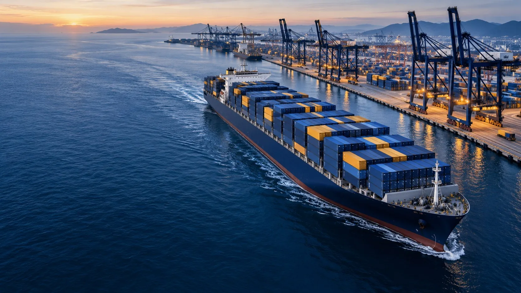 Custom illustration of a container vessel alongside a port at dawn
